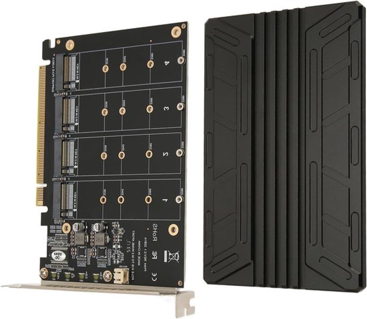 M.2 NVMe naar PCIe 3.0/4.0 X16 Adapter voor 4 NVMe SSD's, Hoge Snelheid, LED Indicator en Soft RAID Functie