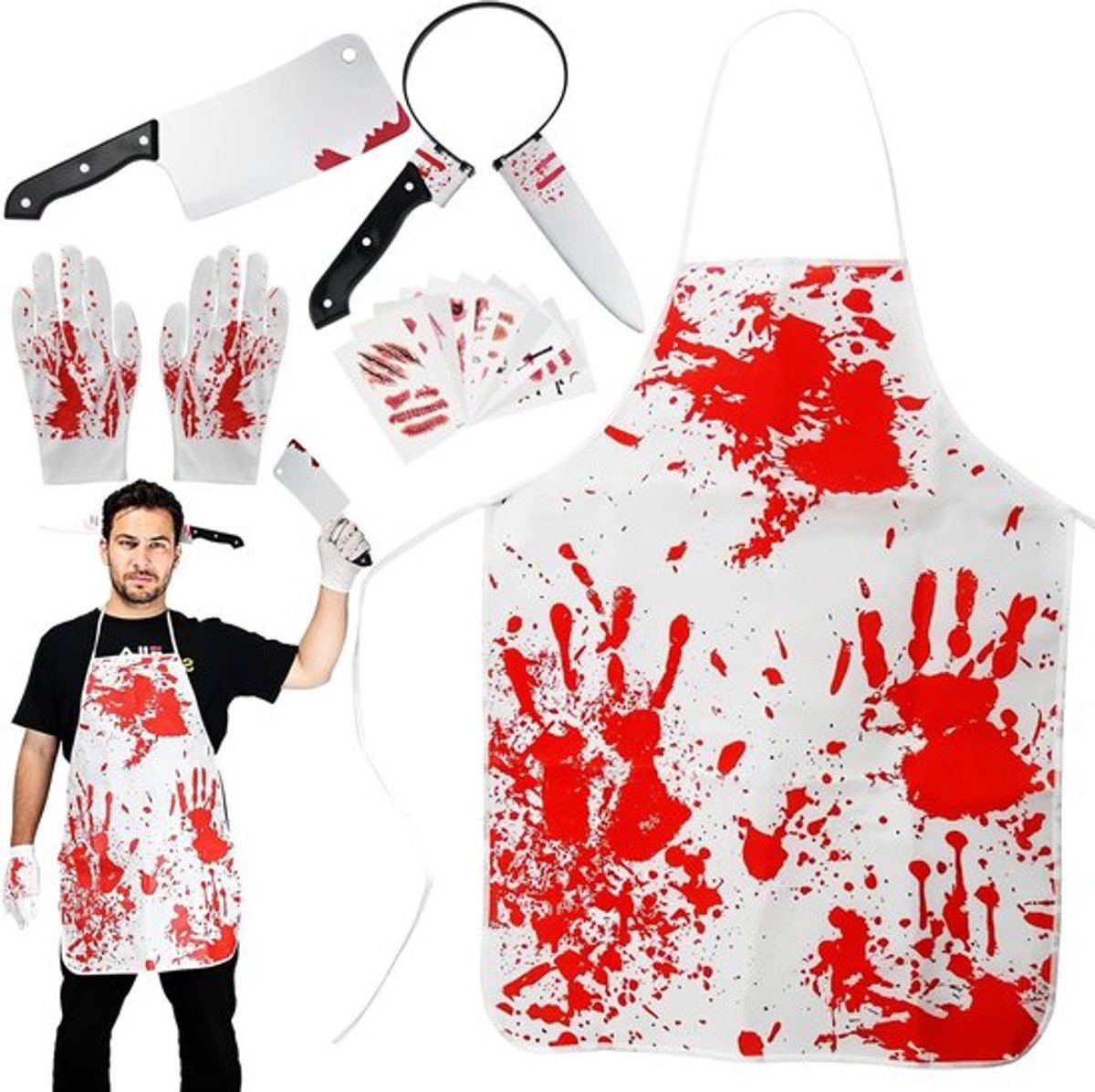 Halloween Slaughter Kostuum met Bloedige Schort en Haaraccessoires voor Mannen en Vrouwen, Perfect voor Halloween, Carnavalsfeesten en Themapartijen