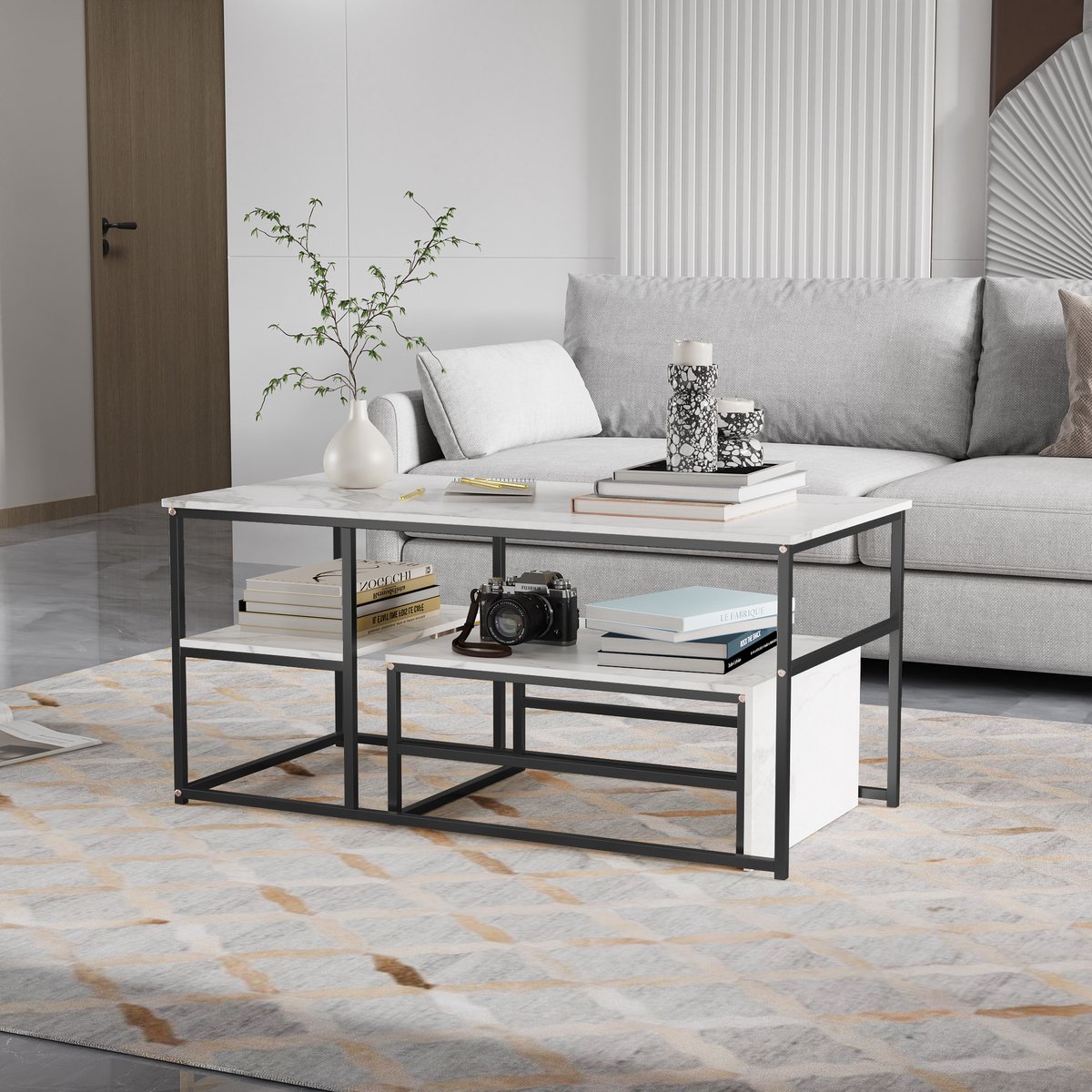 Salontafel set, nesttafels met marmerlook tafelblad, koffietafel en bijzettafel met metalen frame, mdf wit en zwart