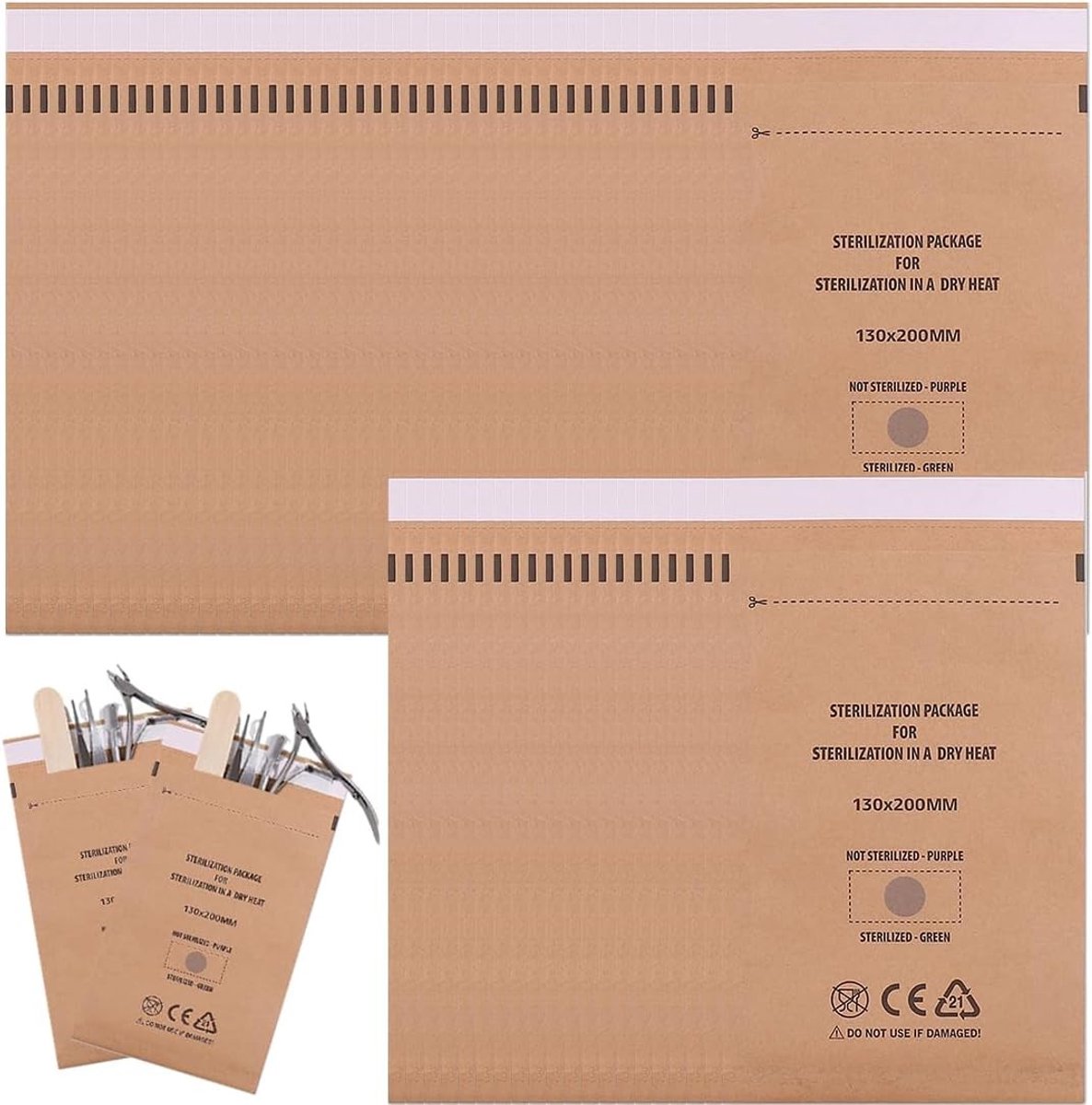 100 stuks zelfklevende sterilisatiezakjes 130 x 200 mm voor autoclave, manicure, tattoo en pedicure instrumenten