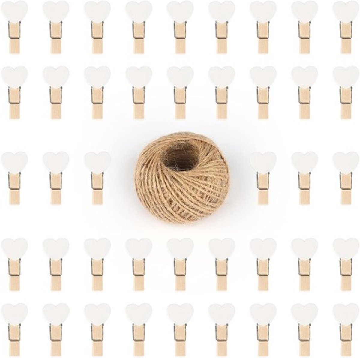 100 Mini Houten Hartknijpers - 3,5 cm Clips met Jute Koord voor Kunst en Ambachten - Set voor Bruiloften & Evenementen met 30 Meter Touw