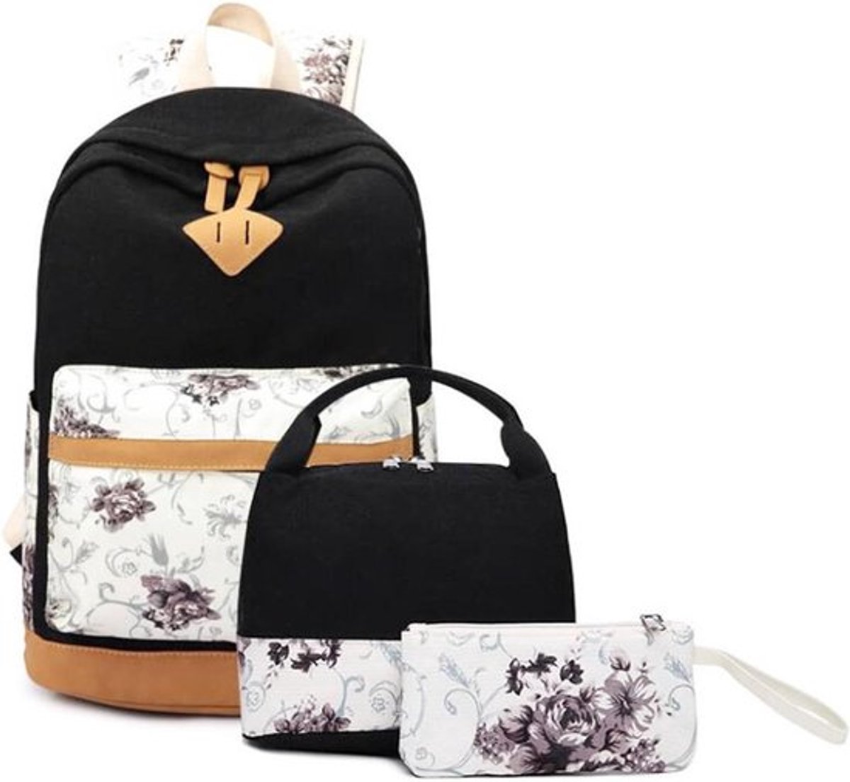 3-delige meisjesrugzak lunchtas etui set, zwart, basisschool kinderen, modieus, stijlvol ontwerp