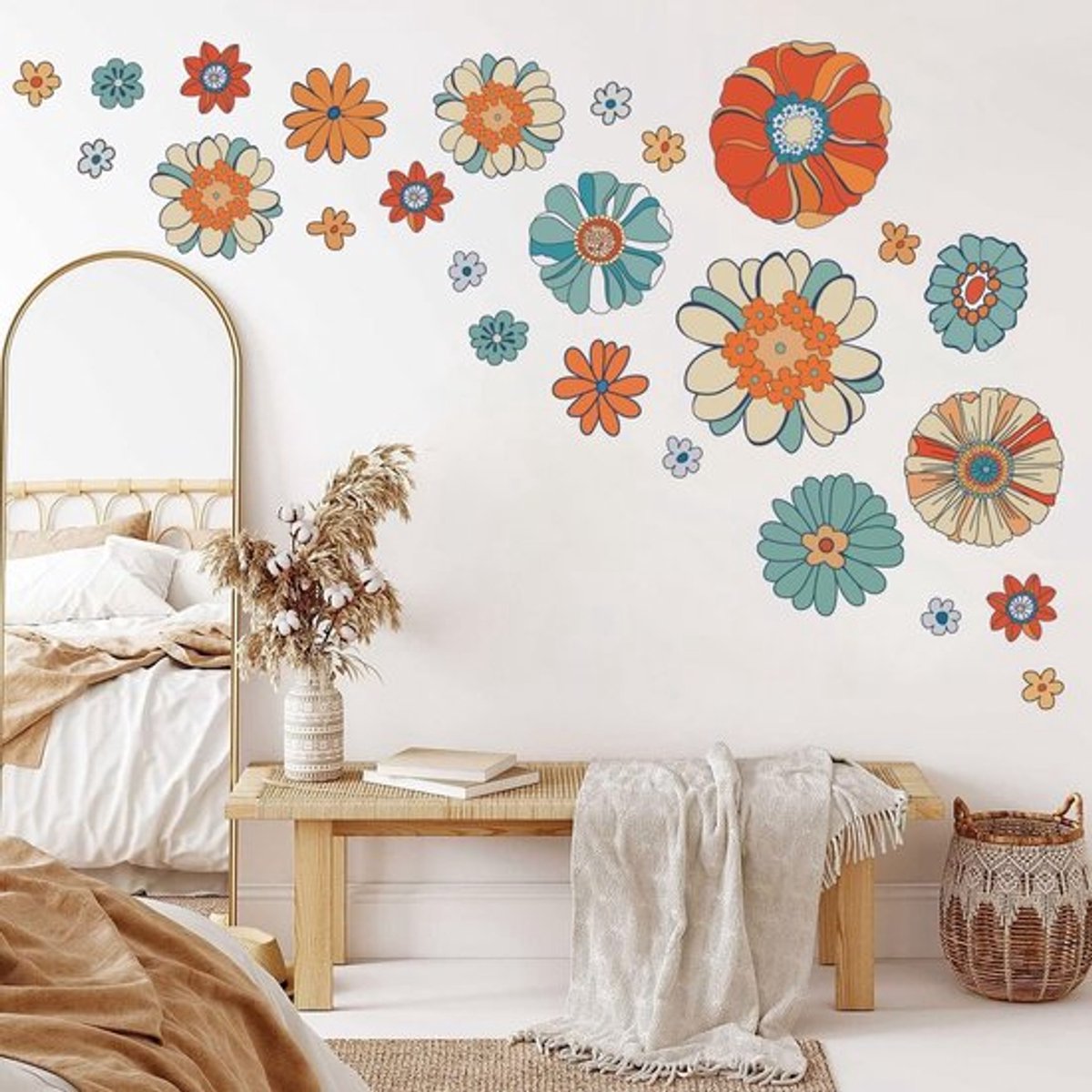 Boho Retro Bloemen Muurstickers, Kleurvolle Vintage Bloem Decals voor Slaapkamer, Woonkamer en Kantoor Decoratie