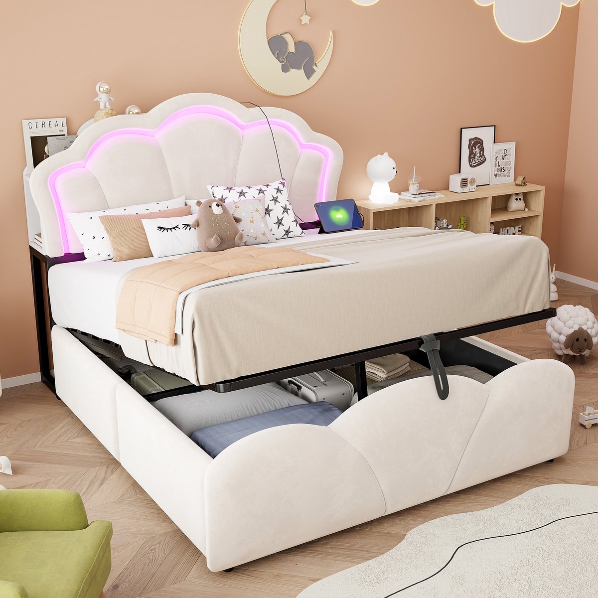 PHOEBE CAT Kinderbed - 140×200 cm - Gestoffeerd hoofdeinde - Opbergruimte - LED-verlichting - Fluweel - Met stopcontact - Beige