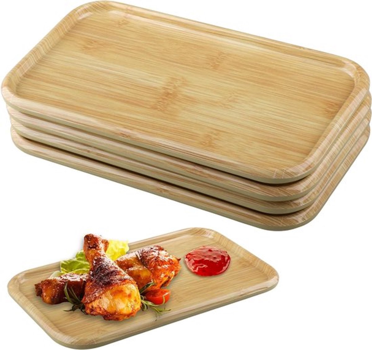 Set van 4 Rechthoekige Melamine Serveerplaten, 23 x 13 cm, Ideaal voor Desserts, Ontbijt en Salades