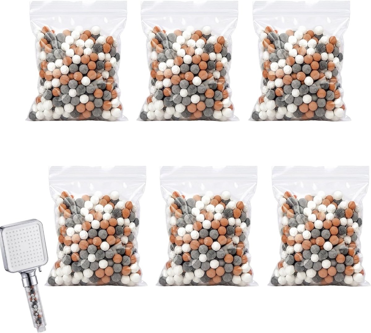 Set van 6 filterballen voor douchekop, pH-regeling, chloorverwijdering en waterzuivering, ideaal voor een gezonde douche-ervaring en revitalisatie van waterkwaliteit