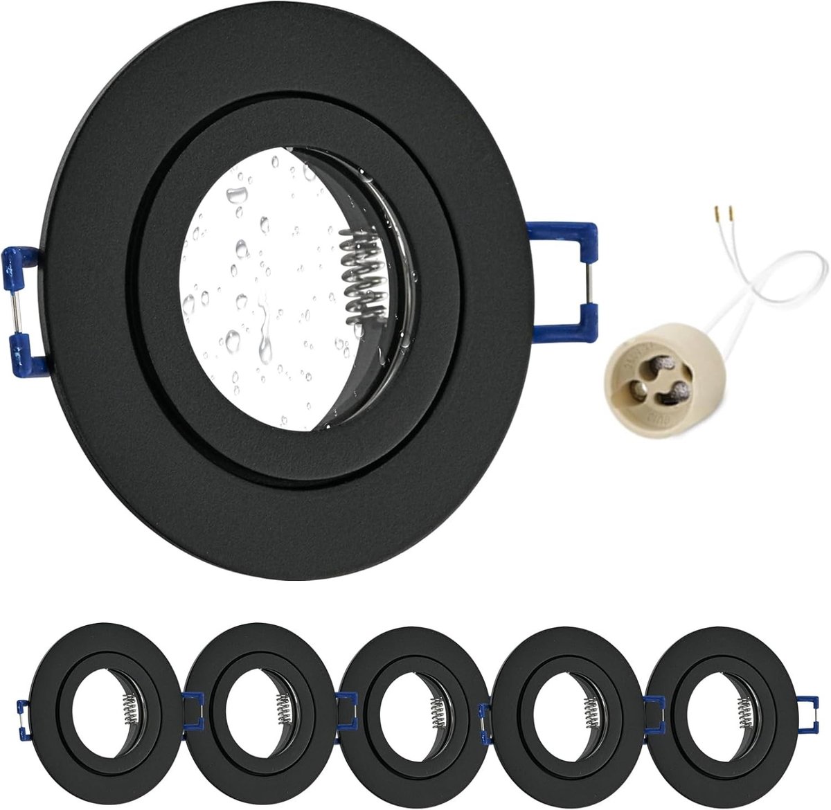 6 x LED Inbouwspotjes, 230 V, IP44, GU10 Fitting, Aluminium, Zwart, Rond, Plat, Geschikt voor Badkamer en Buiten, 68 mm Inbouwdiepte