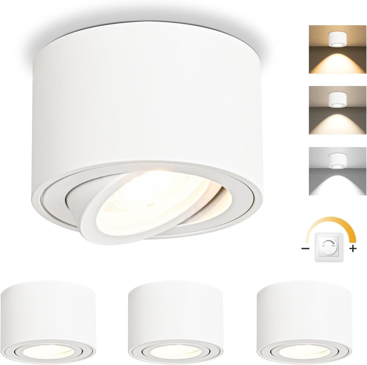 Dimbare LED inbouwspot voor plafond, draaibaar, 5 W, Ø 80 x 50 mm, 3000 K/4000 K/6500 K, 30 graden, badkamer verlichting, aluminium, rond, wit, energiezuinig, moderne plafondlamp