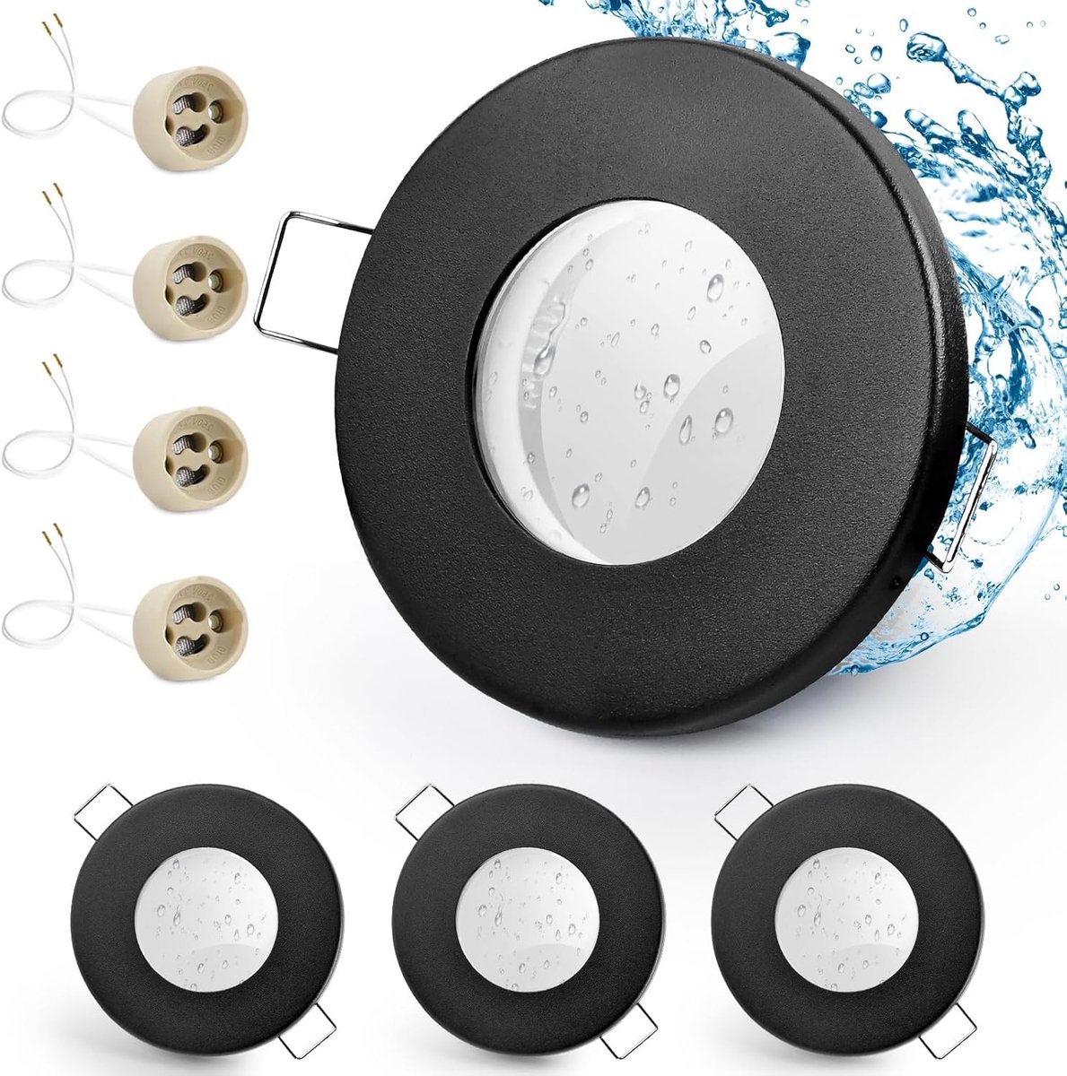 4 x LED inbouwspot IP65 met GU10 houder, draaibare LED verlichting, mat zwart, geschikt voor badkamer en buitengebruik, ronde platte inbouwframes, 68 mm gatenmaat.