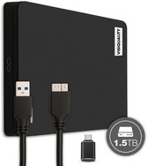 Zwarte VisiQuality externe harde schijf met USB A- en C-kabels, 1.5 TB opslag.