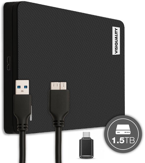 Zwarte VisiQuality externe harde schijf met USB A- en C-kabels, 1.5 TB opslag.