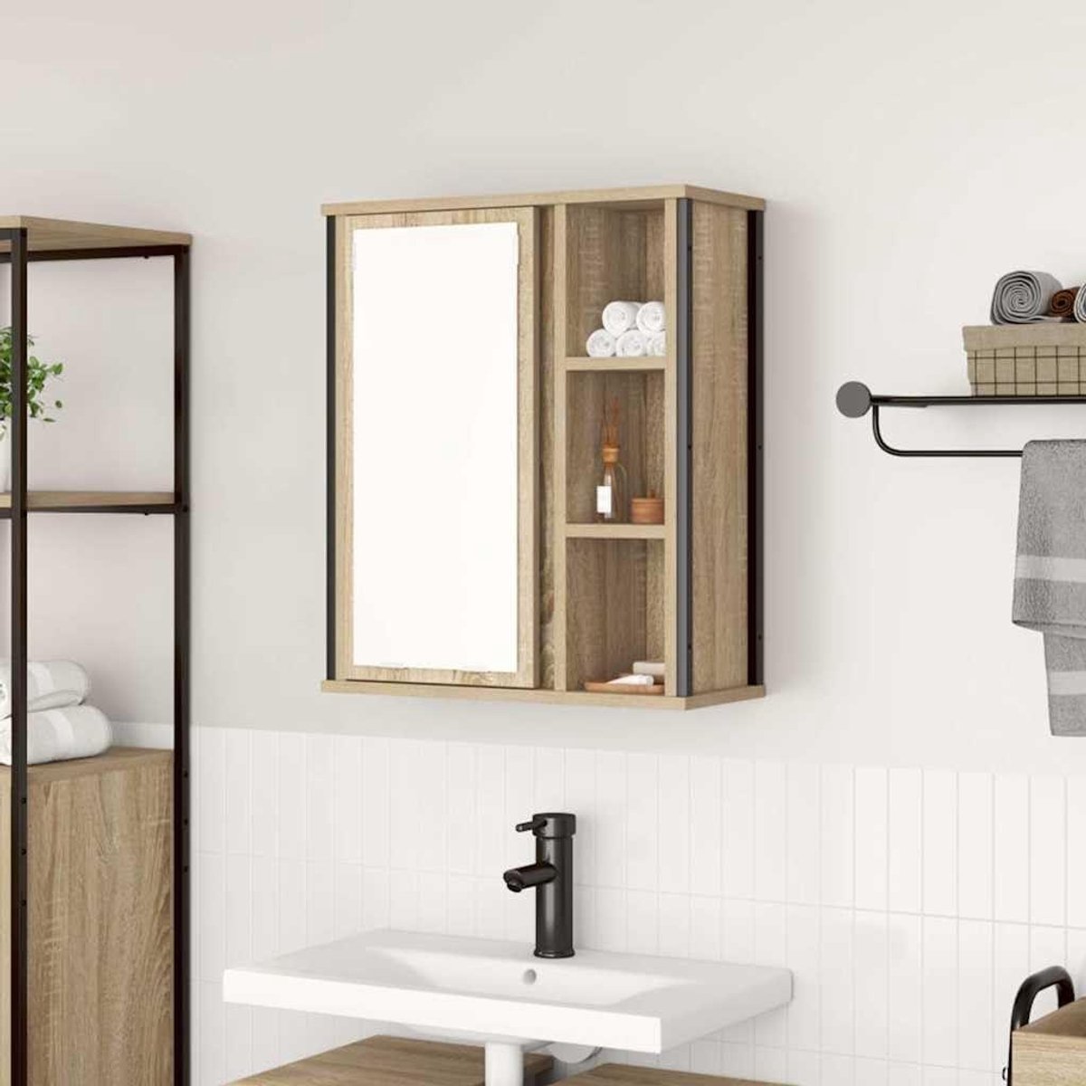 Badkamerkast met spiegel - Wandkast medicijnkast - Opbergen badkamer - Spiegeldeur flexibel - 50 x 21 x 60 cm