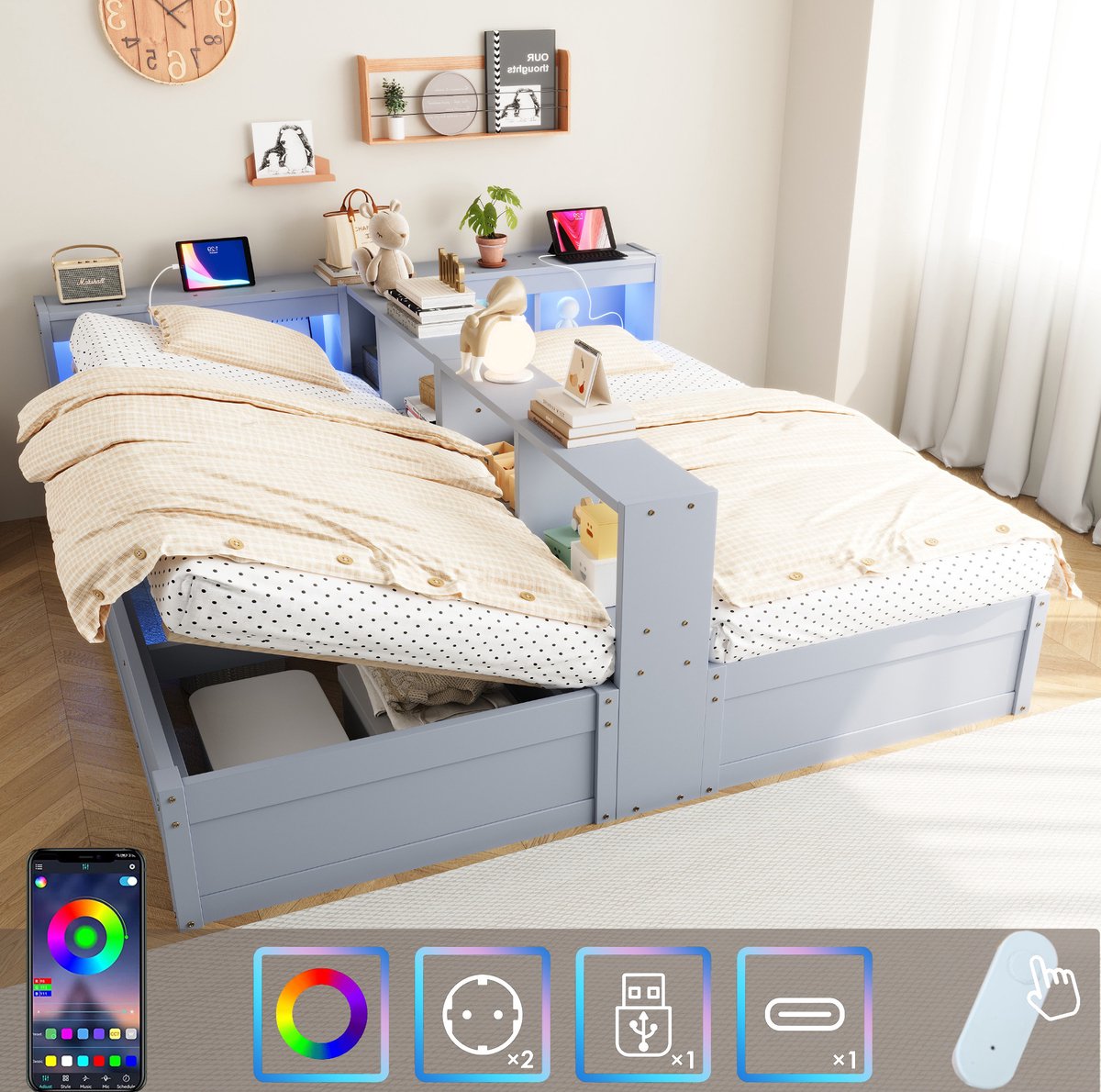 DESMIU Multifunctioneel Bed 90/180 x 200 cm - Tweepersoonsbed Met Led Verlichting En Stopcontact - Hydraulische Opbergruimte - Grijs - Zonder matras Gray