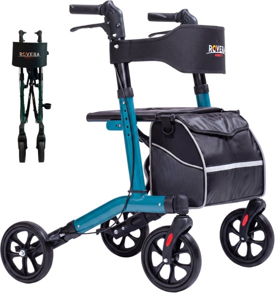 Groene rollator met zwarte tas, zitting en rugsteun. Opvouwbaar model.