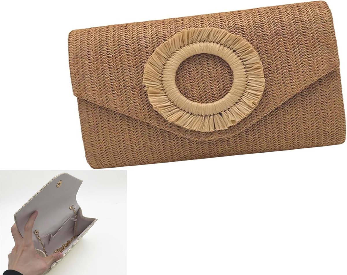 KZQ Stro envelop clutch en crossbody tas voor dames - Geweven handtas voor zomer strand en avond - Lichtgewicht en stijlvol - Donkerbruin