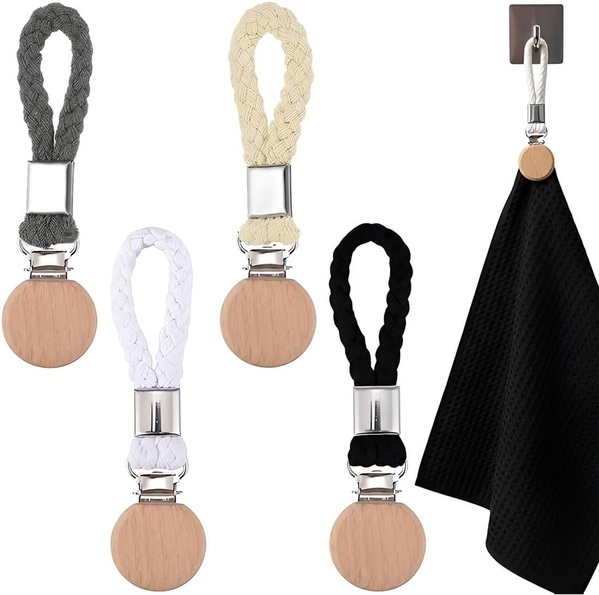 Set van 4 Naaivrije Handdoekhangers van Metaal en Katoen voor Badkamer, Keuken en Camping - Handdoekclips voor Efficiënte Opberging