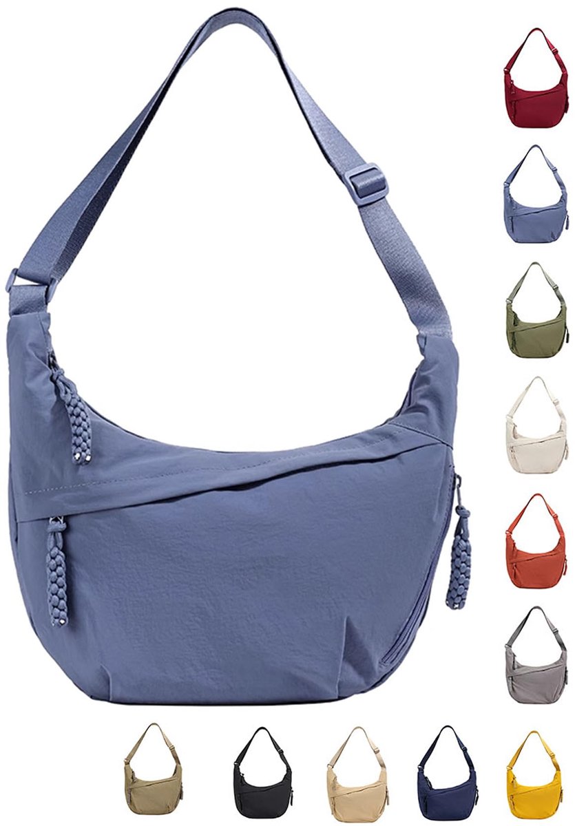 SnelShoppen - Dames Half Moon Crossbody Schoudertas - Nylon Hobo Tas - Verstelbare Schouderband - Blauw-M - 37x5x25cm - Ideaal voor Feest, Dagelijks G