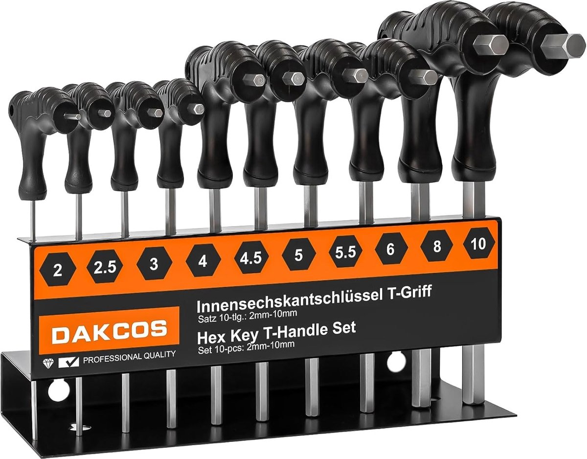 SnelShoppen - 10-delige zeskantsleutelset met T-greep, inbussleutel, zeskantschroevendraaier, metrisch 2 mm-10 mm, Cr-V, ideaal voor klussen en onderh