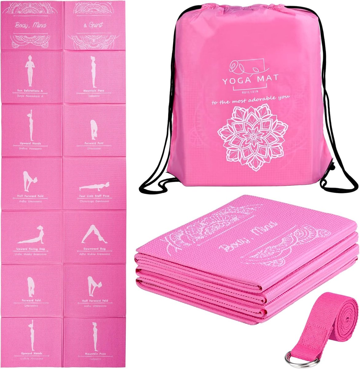 SnelShoppen - Opvouwbare Yogamat voor Vrouwen, Antislip Oefenmat 173 x 61 cm, 5 mm Dikte, Reisvriendelijke Yogaset met Stretch Band voor Yoga, Pilates