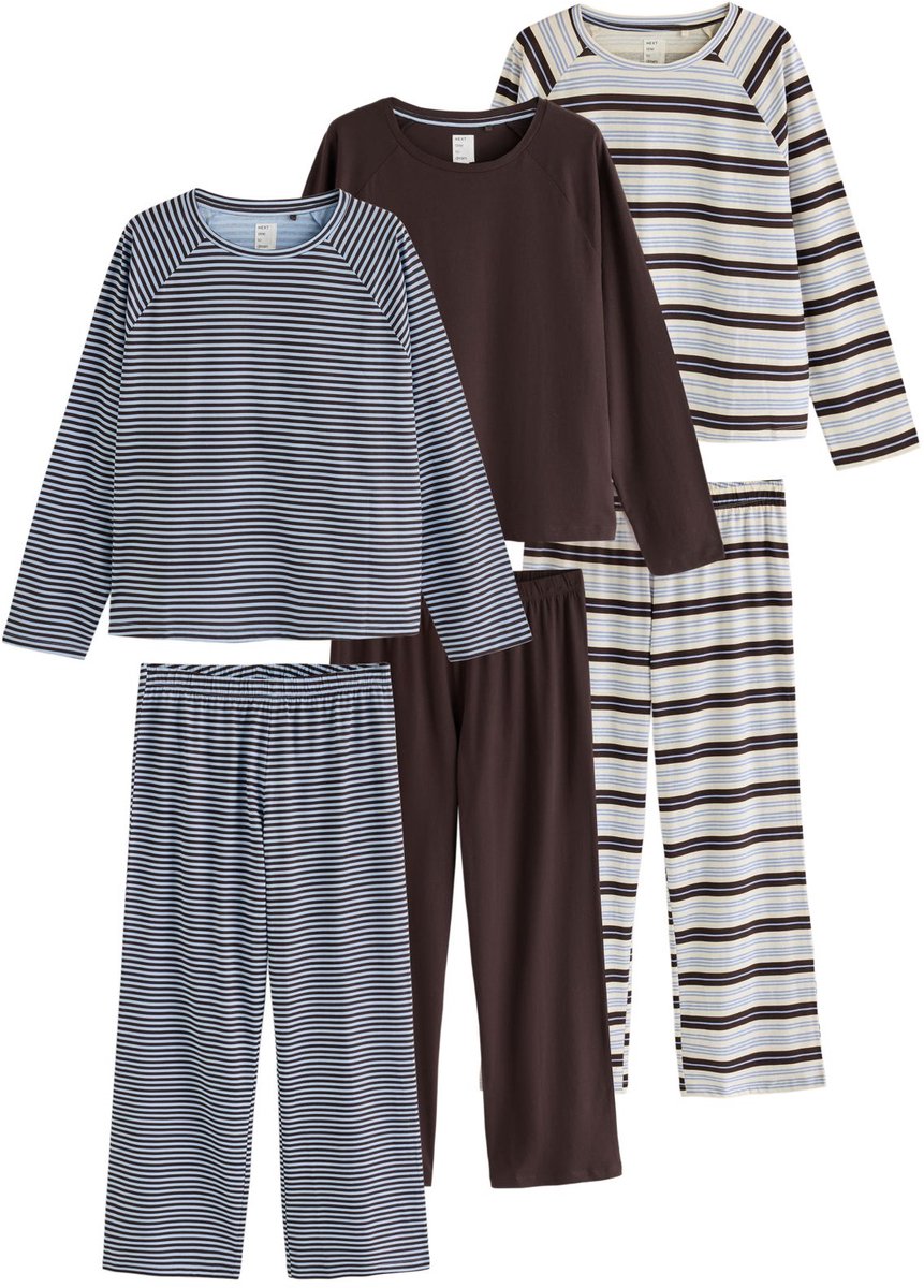 Next Dames - Set van 3 pyjama's met lange mouwen - Bruin Chocolate Brown Stripe