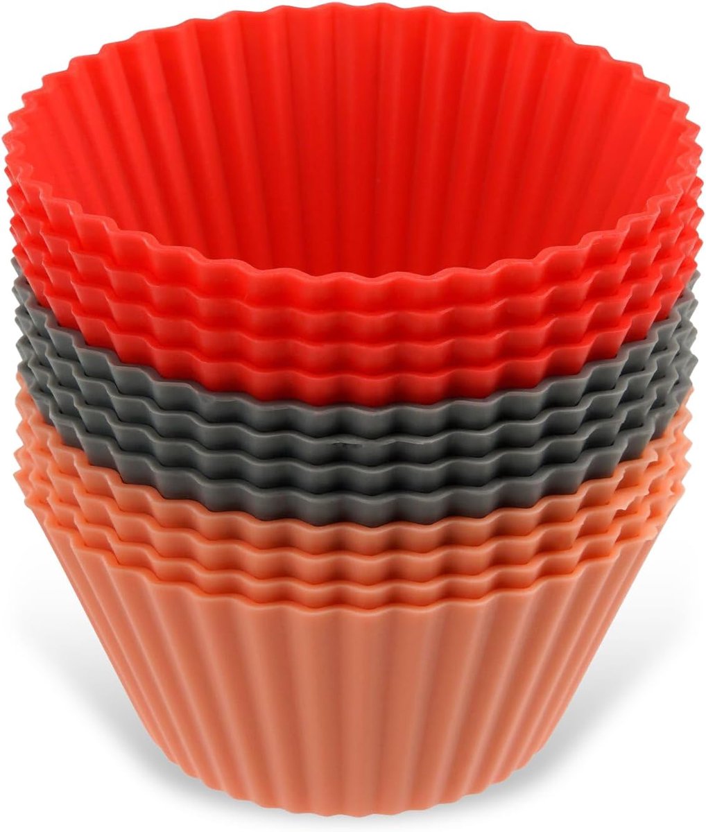 SnelShoppen - Siliconen Muffinvormpjes Set van 12 - Vaatwasmachinebestendig, Grijs, Rood en Lichtrood - Voor Muffins en Cupcakes - Perfect voor Feeste