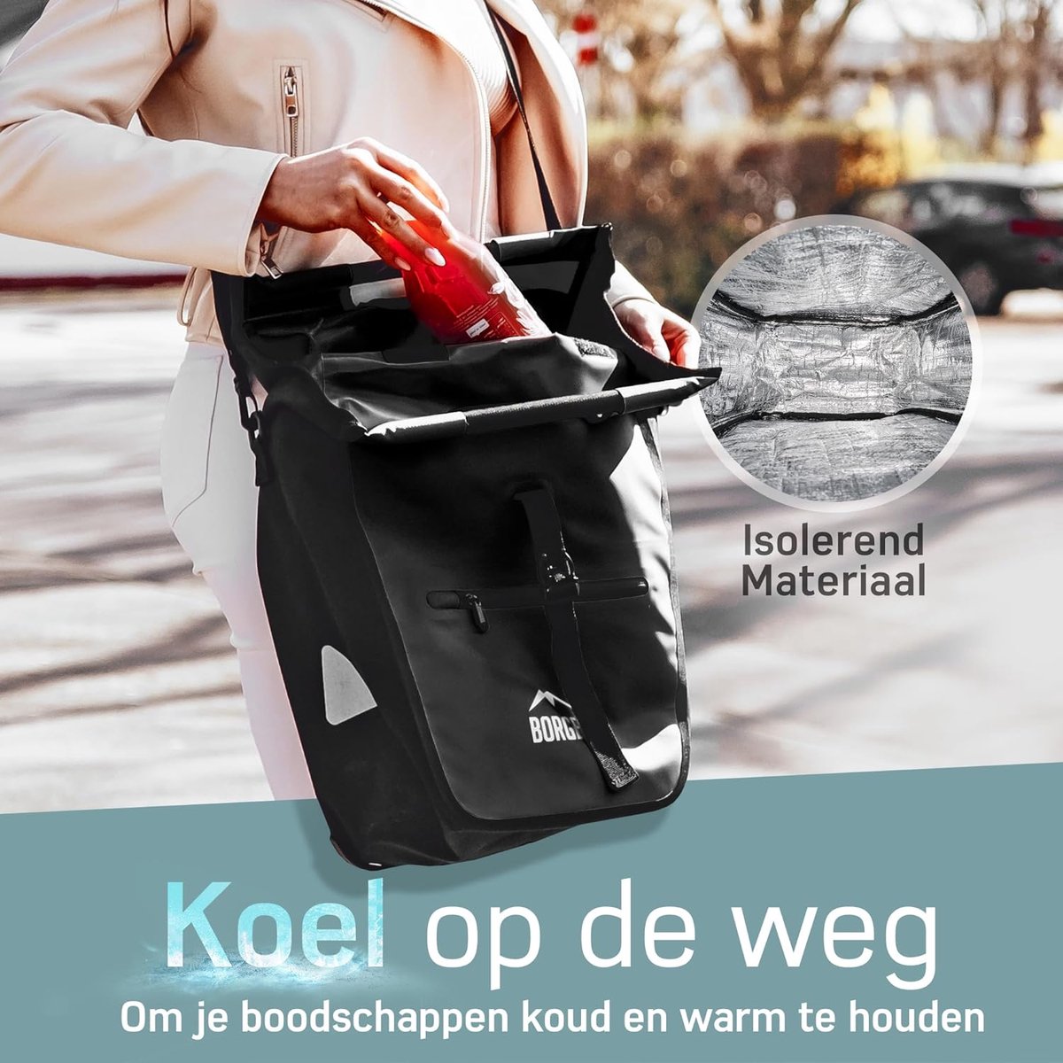 SnelShoppen - Borgen Fiets-boodschappentas voor bagagedrager met uitneembaar koelinzetstuk, 23 liter, veelzijdige fietstas, draagtas, geschikt voor da