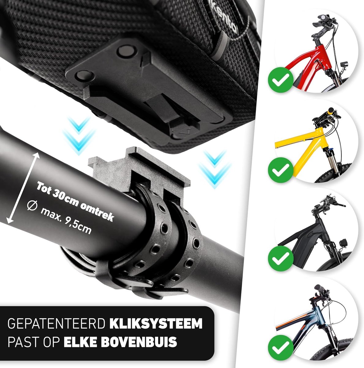 SnelShoppen - Valkental Fietsframetas - Waterdichte Bovenbuistas met Snelspanner voor E-bike, Racefiets & MTB - Veel Ruimte - Telefoontasje met Gevoel