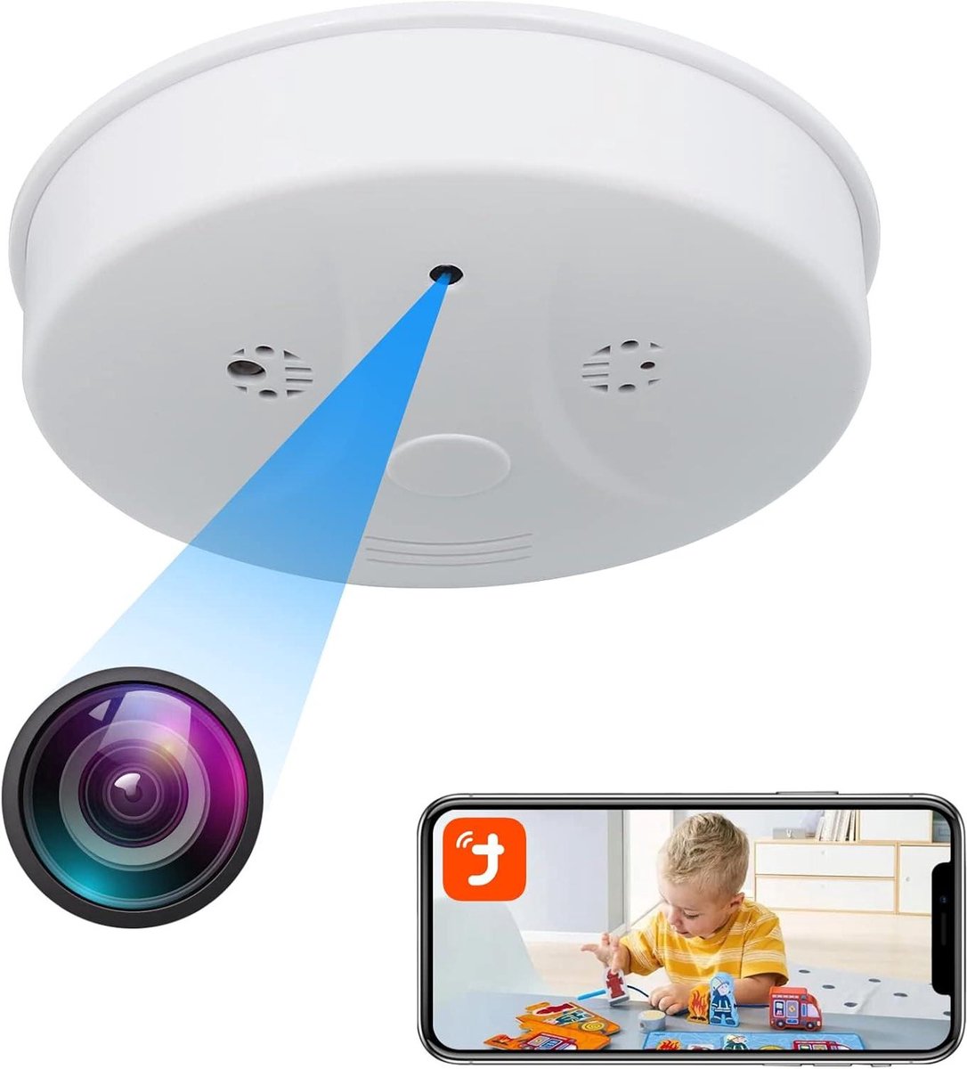 Verborgen Camera - Mini Spycam - Woning Bewaken - Rookmelder Design - 12 x 12 x 2 cm - Wit