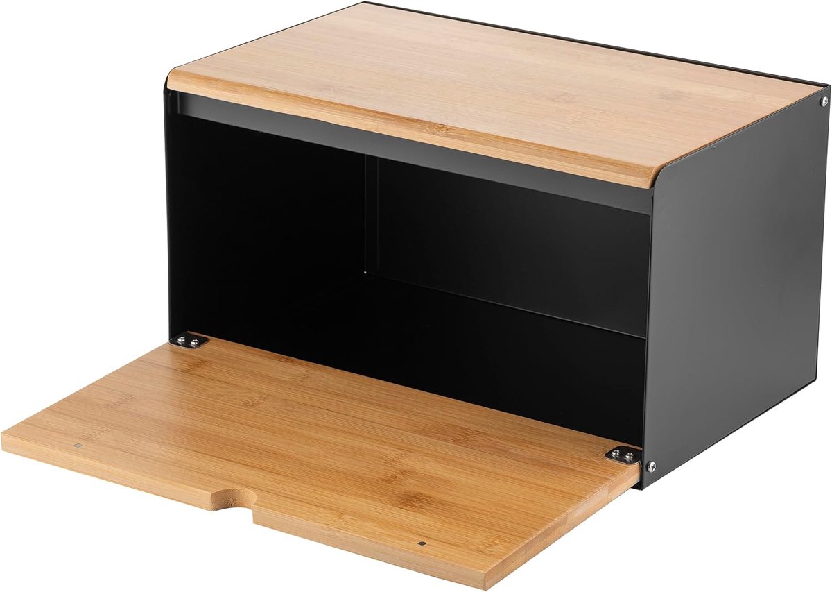 SnelShoppen - Ruime Broodtrommel van Staal met Bamboedeksel - Moderne Zwarte Broodtrommel 35,5 x 21,5 x 19,5 cm voor Keuken - Lange Versheid voor Broo