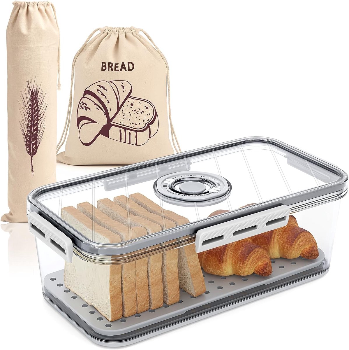 SnelShoppen - Transparante Plastic Lunch Box met Tijdsaanduiding, Luchtdichte Broodopslag voor Keuken, Inclusief 2 Linnen Tassen - 32,5 x 18 x 11 cm