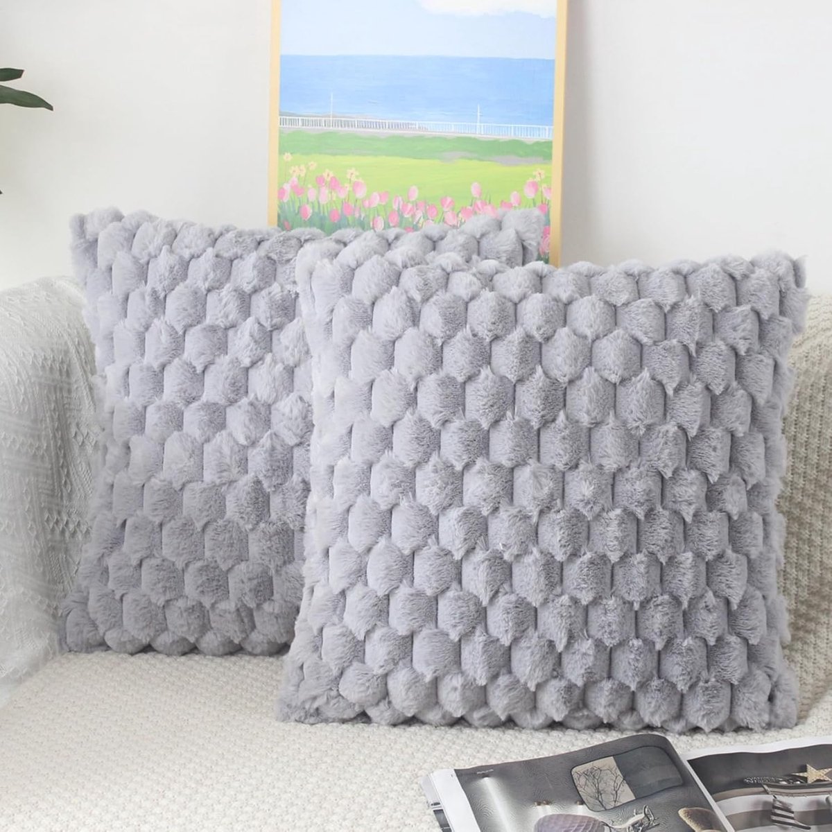 SnelShoppen - Set van 2 Pluizige Kussenslopen 40 x 40 cm, Grijs, Zacht Gestreept Pluche, Luxe Decoratief Kussen, Sierkussen voor Woonkamer, Bank, Knuf