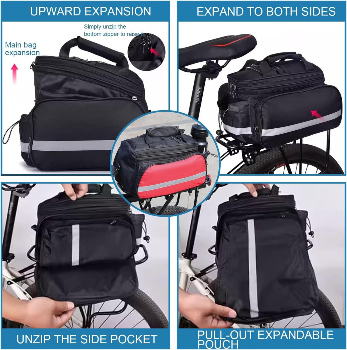 SnelShoppen - Fietstas voor bagagedrager, 10-27 liter, uitbreidbaar, waterdicht, 600D Oxford, met regenhoes en schouderriem voor e-bike, MTB en stadsf