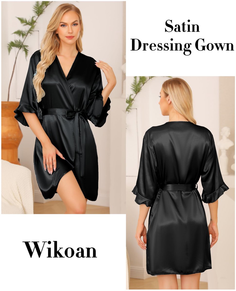 SnelShoppen - Dames Satijnen Badjas Zomer Zijde Ochtendjas Zachte Badjas voor Huwelijksfeesten 3/4-Mouwen Nachtkleding met V-Hals, Zwart, XXL
