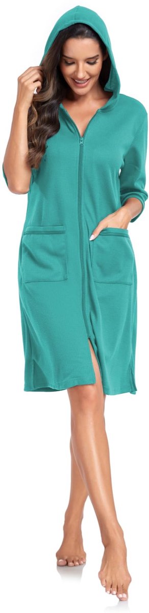 SnelShoppen - Dames Badjas met Wafelpiqué, Lichte en Middelgrote Badjas, Zeer Absorberend met Ritssluiting en Zachte Capuchon, Donkergroen 2, XL