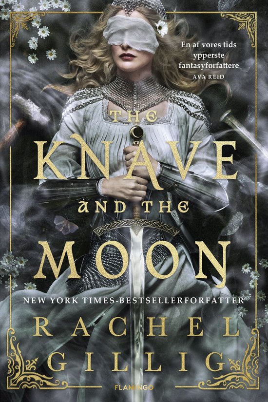 Een vrouw met een blinddoek om haar ogen, gekleed in een middeleeuws harnas en jurk, met een zwaard in handen. Titel: The Knave and the Moon.