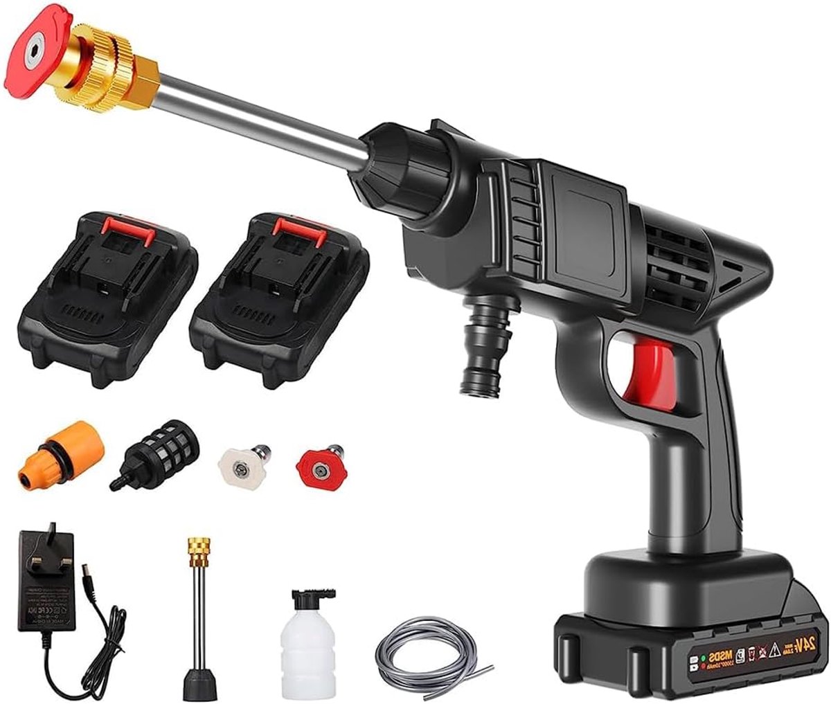 SnelShoppen - Draadloze Accu Hogedrukreiniger 24V, 1500 mAh, 1500 PSI, Compact en Draagbaar met Multifunctionele Accessoires voor Tuin, Auto, Vloeren