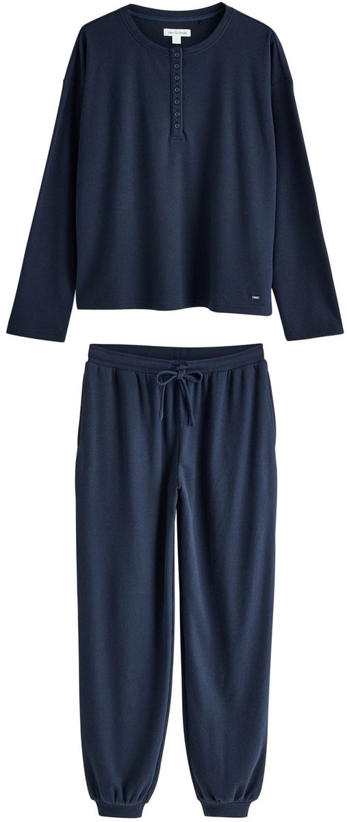 Next Dames - Behaaglijke Henley-pyjama van wafelstof met lange mouwen - Blauw Navy