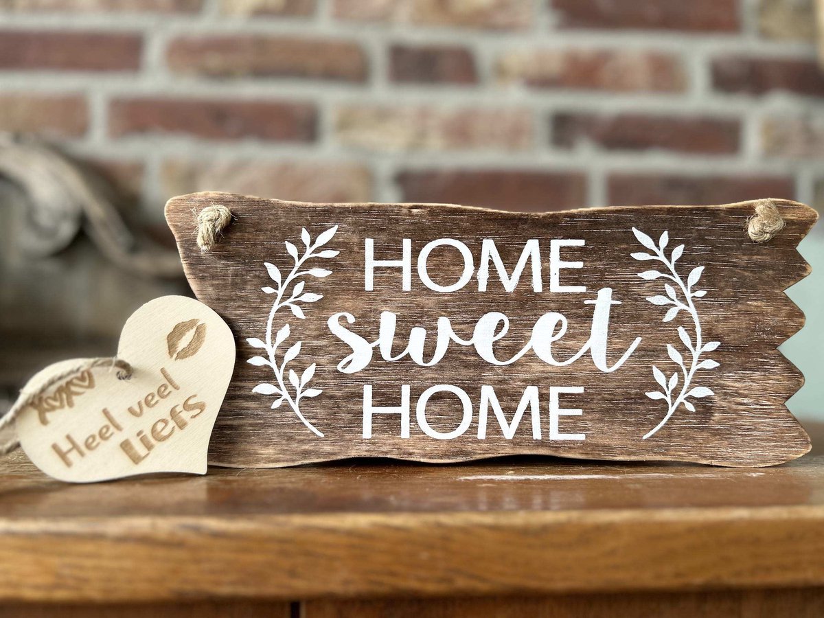 Creaties van hier - Home sweet home - met houten hartje - 12x30 cm - tekstbord - wandbordje