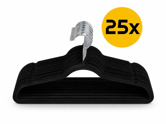 Stapel van 25 zwarte fluwelen kledinghangers met zilverkleurige haken. "25x" staat in een gele cirkel.