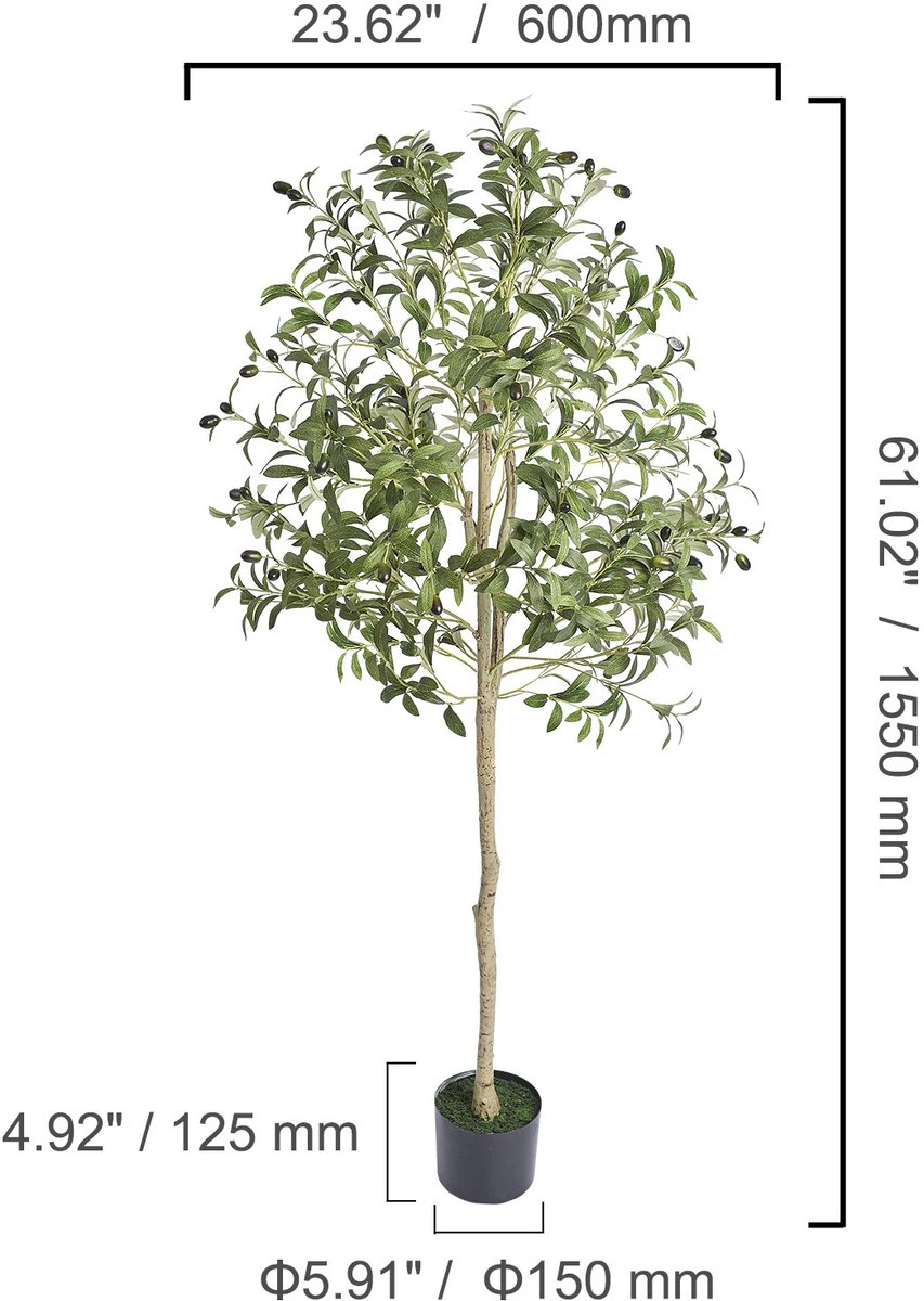 SucceyBuy Kunst Olijfboom - Kunstplant - Decoratie Plant - kunstplanten voor binnen - 155 cm Hoog - Kunstplant in pot - kunstplanten - Groen olijf groen
