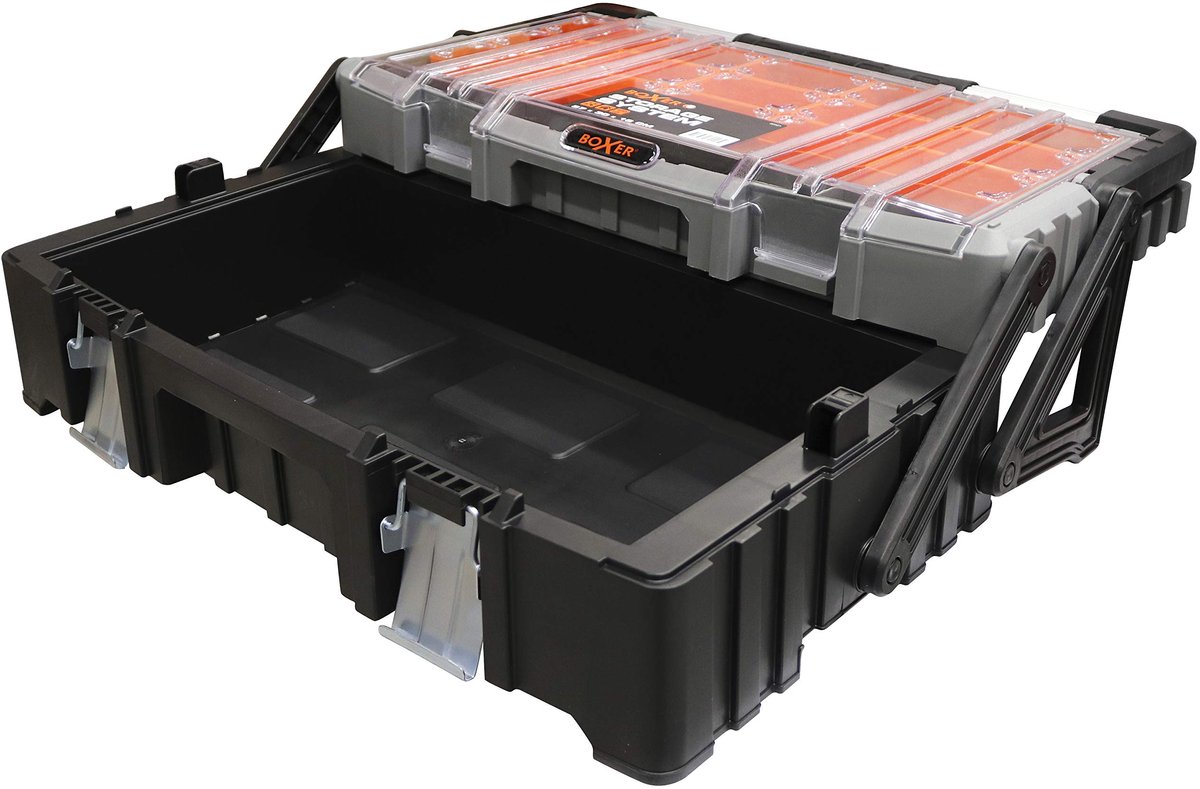 SnelShoppen - Boxer® 22" Cantilever Gereedschapskist met 15 Uitneembare Bakken - Stevige Metalen Sluitingen - Kunststof en Metaal - Zwart/Oranje - 57x