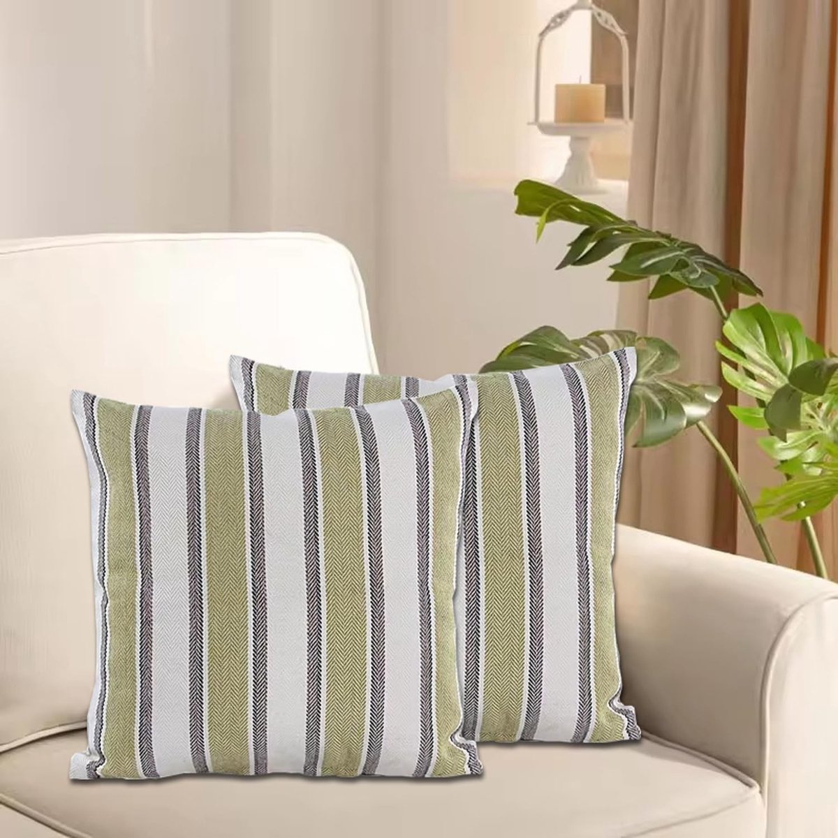 Set van 2 Linnen Kussenhoezen met Strepen, Decoratieve Kussens voor Bank, Woonkamer en Slaapkamer, 45 x 45 cm, Groen en Wit, Ideaal voor Interieurstyling