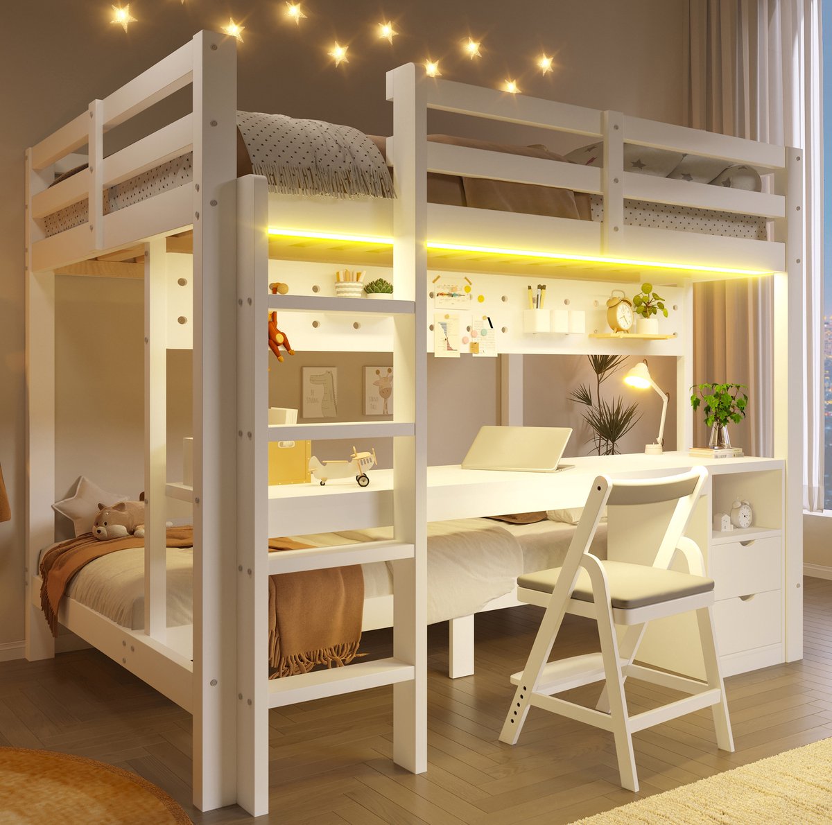 DESMIU Stapelbed 140x200 cm – Hoogslaper Met Bureau En Lades – Pegboard-Opbergruimte En Ledverlichting – Voor Kinderen – Grenenhout En MDF – Wit En Naturel – Zonder Matras