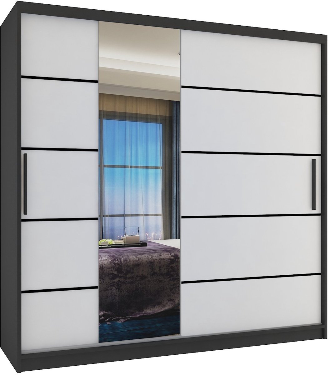 BELINI Verona MBP Schuifdeurkast 200 cm Zwart/Wit Mat - Kledingkast met Spiegel - Comfort Line Slaapkamerkast