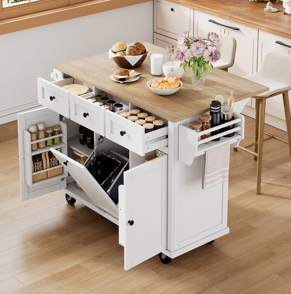 COVREO Keukenkast 112x46,2-76,2x92,7 cm wit en naturel, MDF met werkblad