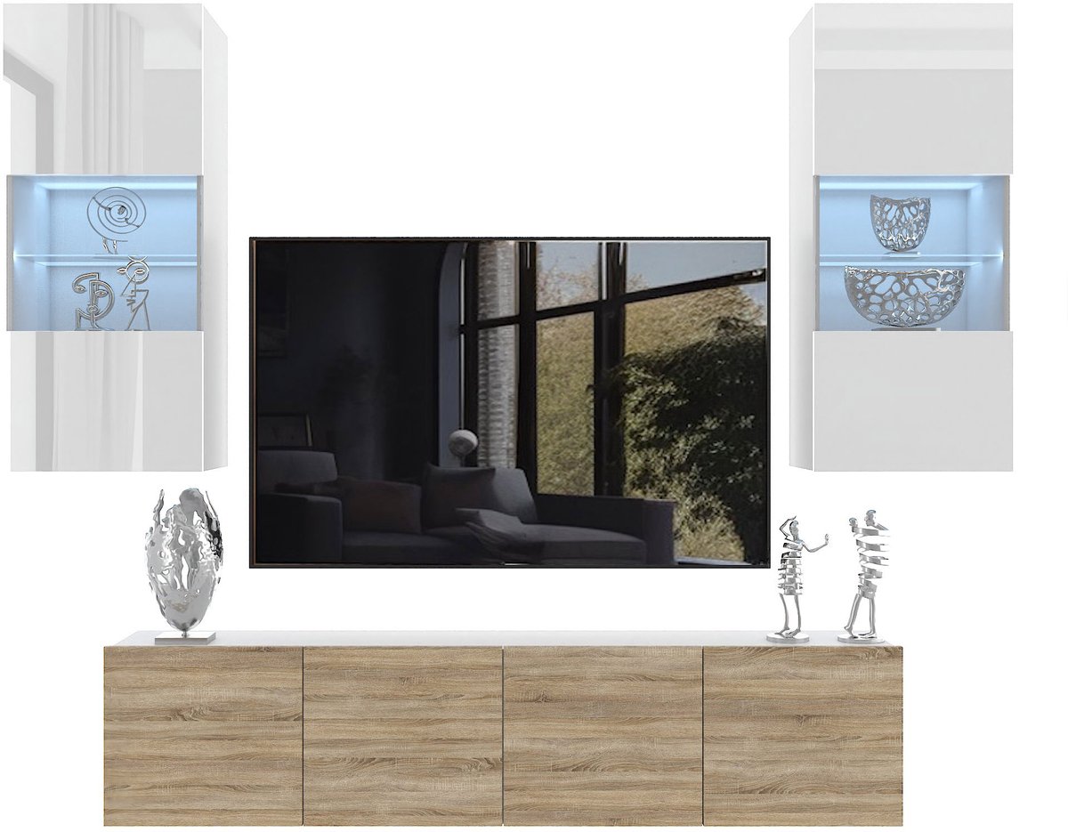 BELINI Wandmeubel Milano 7 200 cm Wit/Sonoma Eiken - TV-Wand Greeploos - Moderne Woonwand met Gasliftsysteem - Modulair TV-Meubel