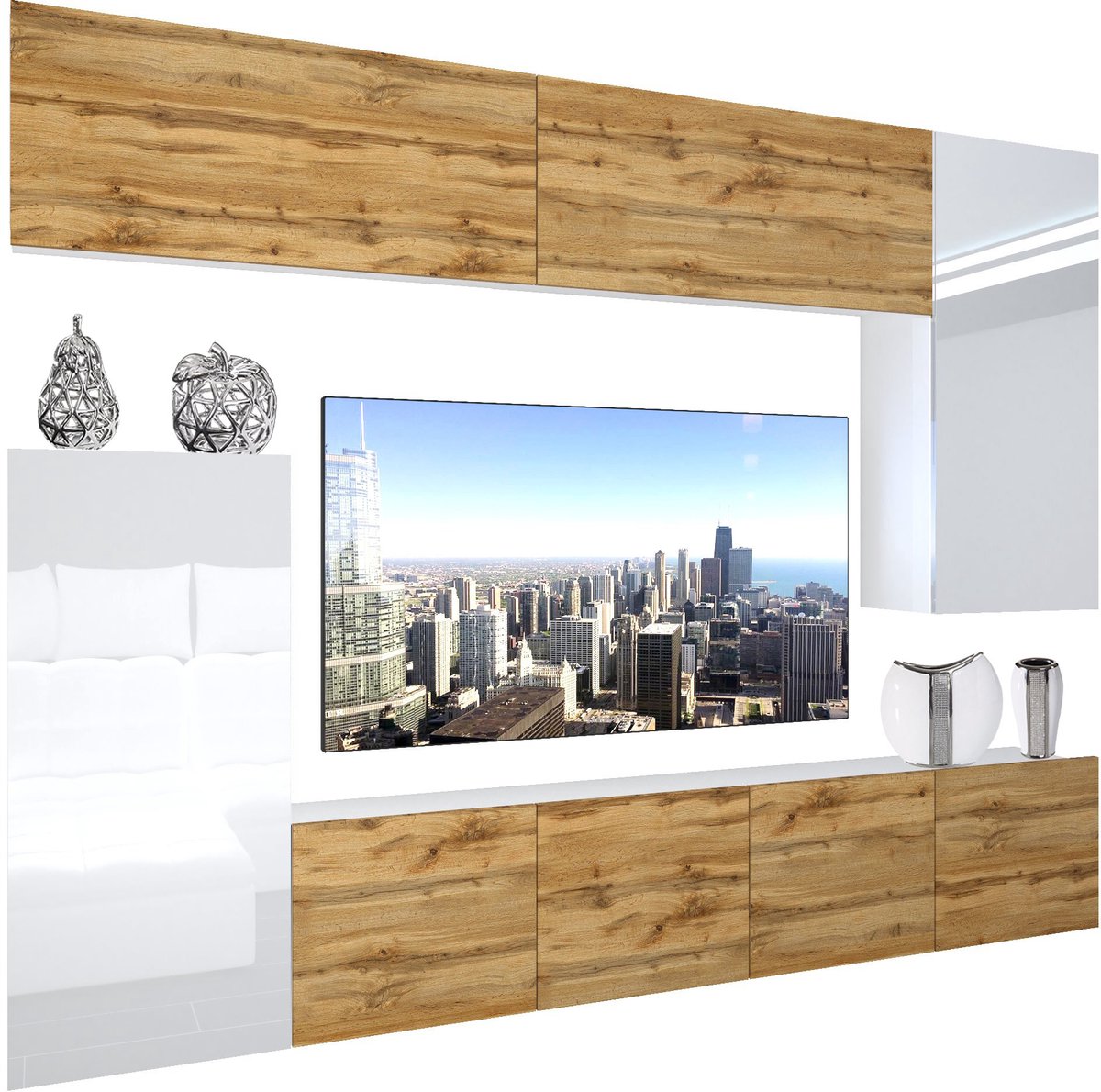 BELINI Wandmeubel NEX 8 - TV-Wandkast Set met LED-Verlichting Wotan Eiken / Wit - Hoogglans Fronten
