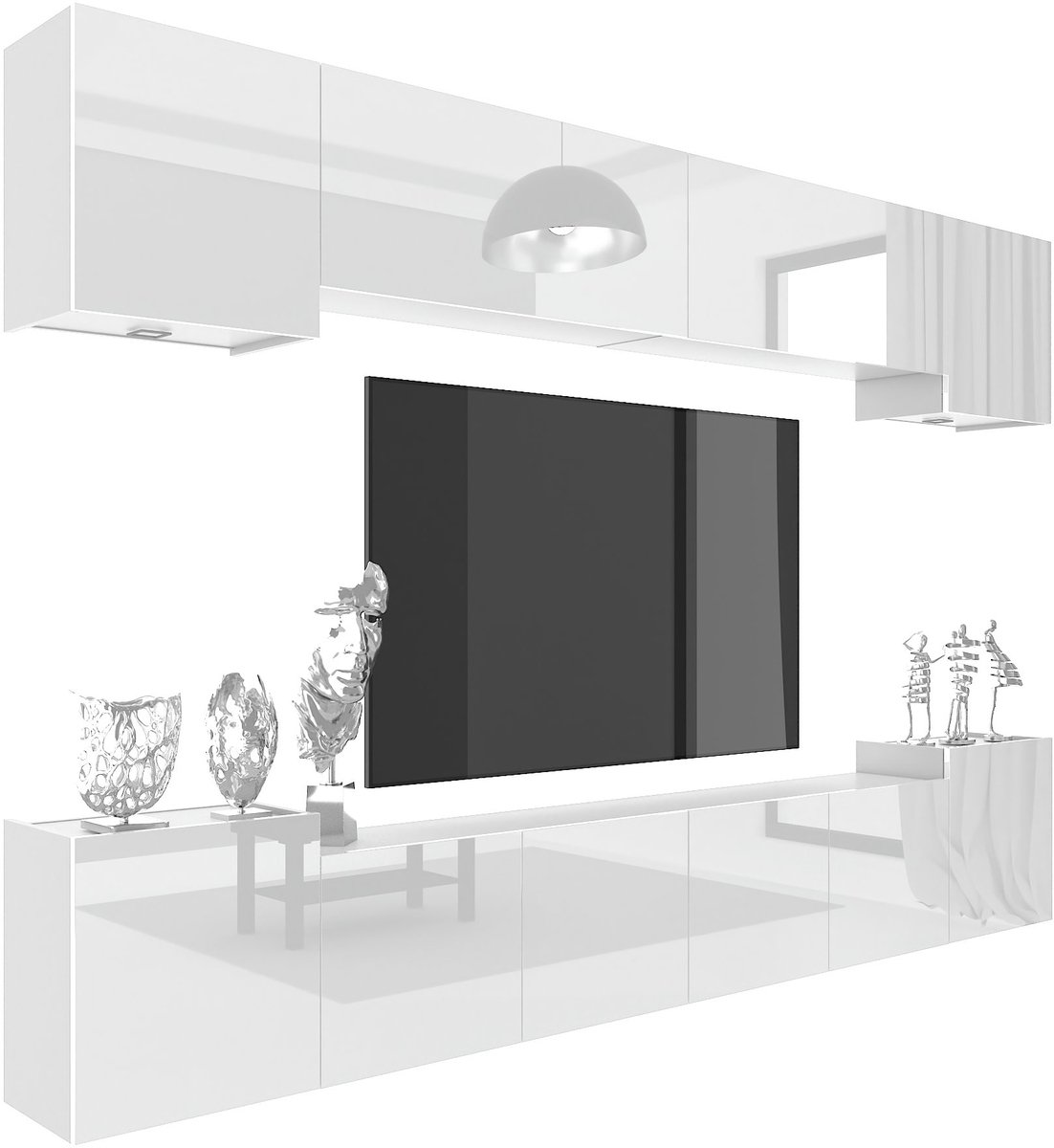 BELINI Wandmeubel Milano 4 300 cm Wit Hoogglans - TV-Wand Greeploos - Moderne Woonwand met Gasliftsysteem - Modulair TV-Meubel