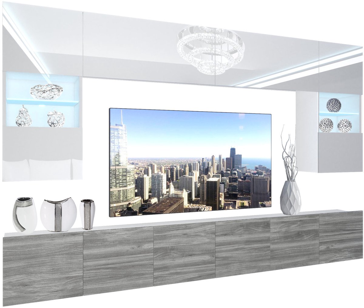 BELINI Wandmeubel NEX 1 - TV-Wandkast Set met LED-Verlichting Wit / Glamour Hout - Hoogglans Fronten