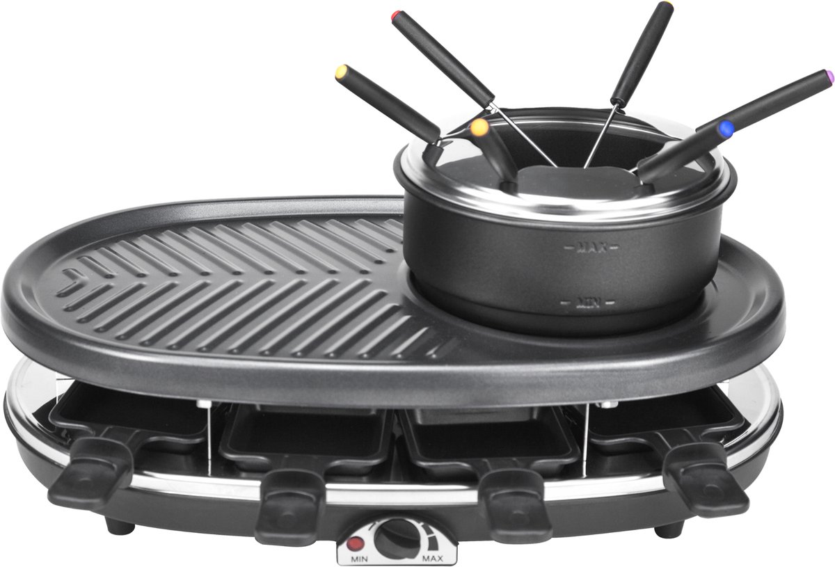 Kicinn Gourmetstel - Bakplaat - Grillplaat - Raclette - 8 Personen - 1500W - Inclusief fondueset